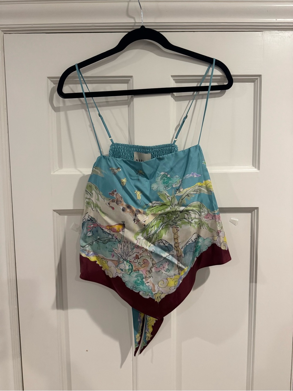 Silk-Feel Tropical Print Handkerchief Hem Cami Top - Aqua